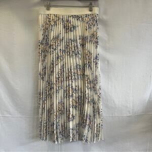 Vince Camuto Pleated Midi Skirt Womens Small Ivory Floral Elastic Waist Lined